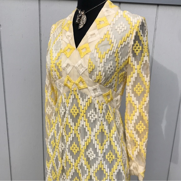 Vintage 60s Embroidered Jerry Marsch Yellow Chiffon Maxi Dress - Picture 7 of 15